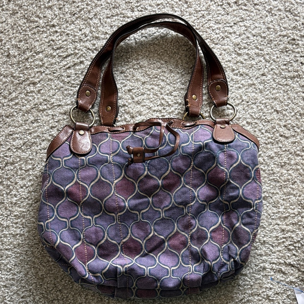 Vintage Purple Patterned Purse with Brown Trim